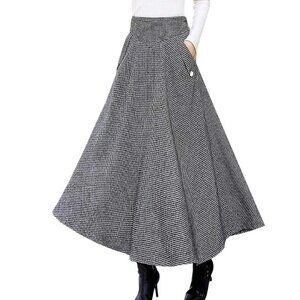 High Waist Wool Blend Maxi Skirt A-Line Flared Midi Long Skirt